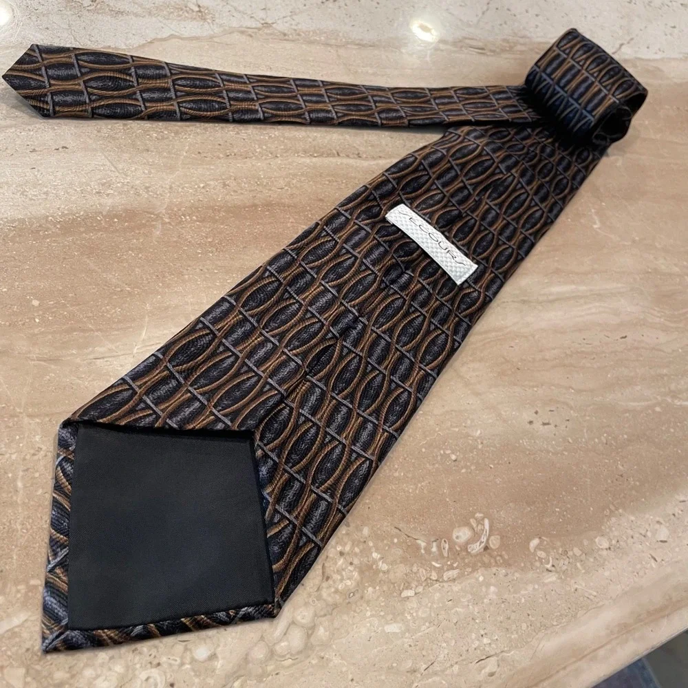 Secours Tie 100%‎ Silk Brown Blue Gray Vintage 4 x 59 Geometric Classic